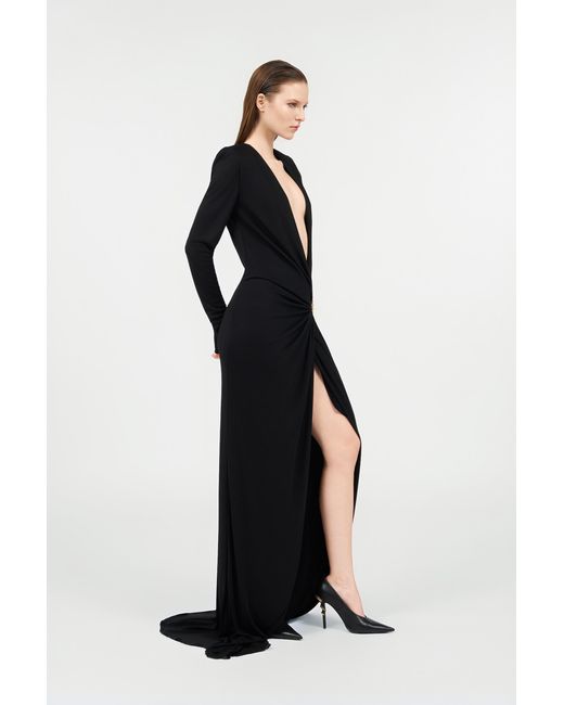Roberto Cavalli Black Draped Long Dress With Snake Detail