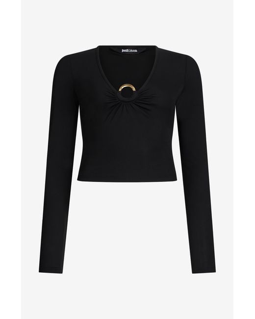 Roberto Cavalli Black Lurex Crop Top With Ring Detail