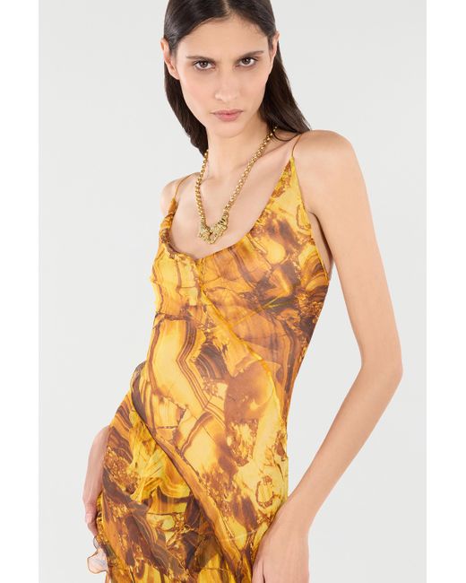 Asymmetric Silk Dress With Amber Print Roberto Cavalli de color Metallic