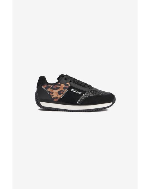 Roberto Cavalli Black Sneakers With Jaguar Skin And Glitter Insert