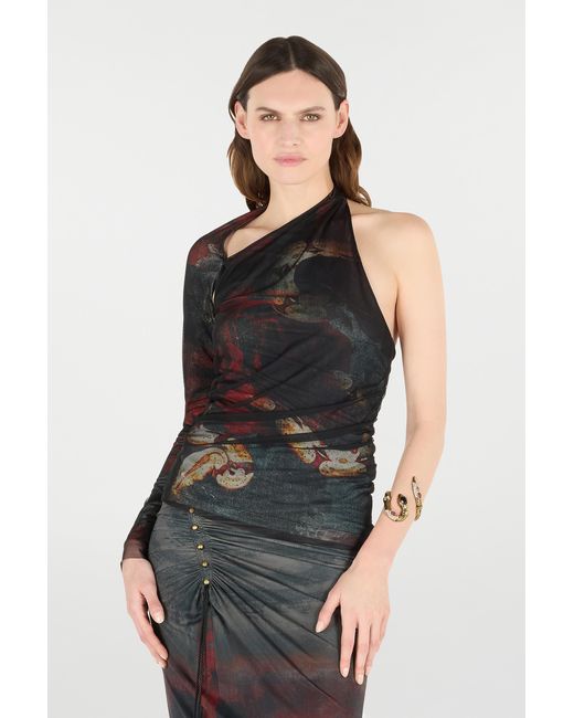 Roberto Cavalli Black One-Sleeve Sweater With Rose And Snake
