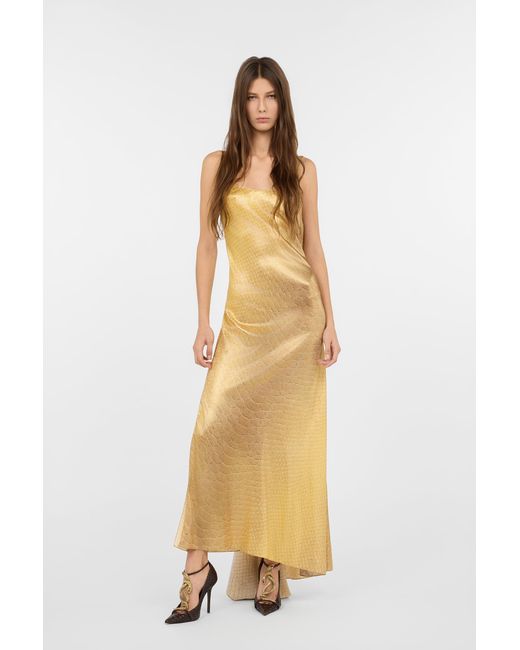Roberto Cavalli Metallic Golden Silk Maxi Dress With Scale Print