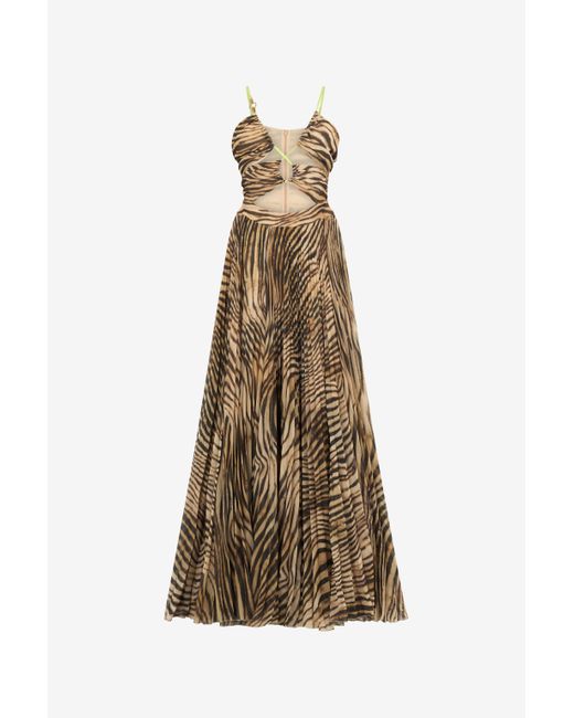 Roberto Cavalli Natural Extra-Long Dress With Tiger Skin Print