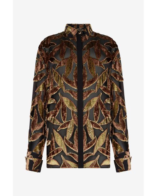 Roberto Cavalli Brown Chocolate Sheer Shirt With Foliage Motif