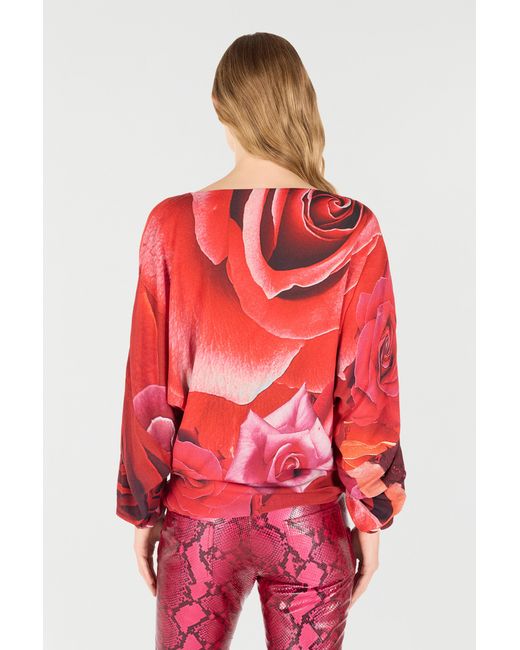 Roberto Cavalli Sweater With Gathered Sleeves And Rose Print