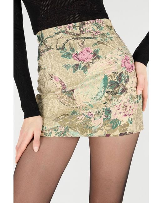 Roberto Cavalli Metallic Miniskirt With Oriental Bird Print