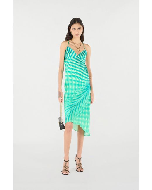 Roberto Cavalli Green Asymmetric Dress With All-Over Print