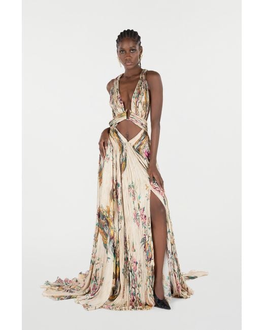 Roberto Cavalli Extra-Long Silk Dress With Oriental Bird Print in Natural | Lyst Roberto Cavalli Extra-Long Silk Dress With Oriental Bird Print in Natural | Lyst