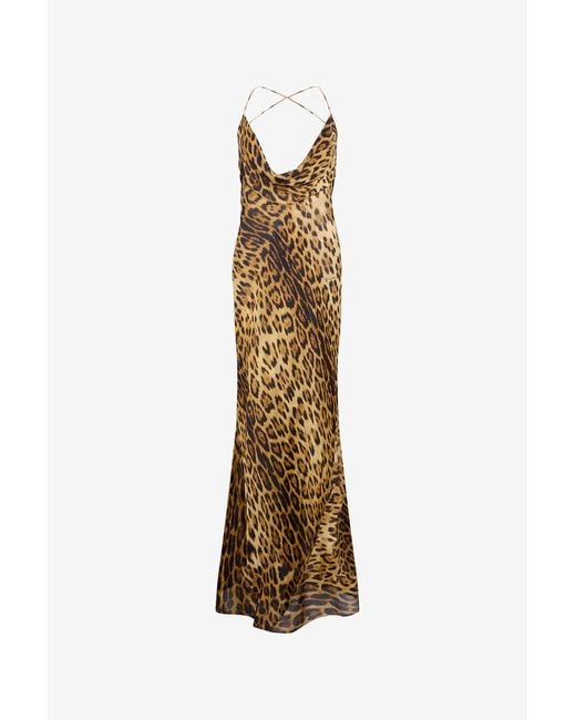 Roberto Cavalli Metallic Long Silk Dress With Jaguar Skin Print