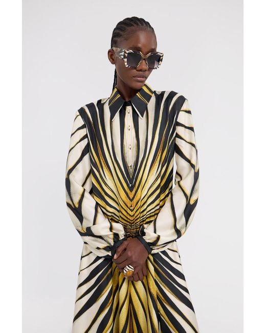 Roberto Cavalli White Ray Of Print Silk Midi Dress