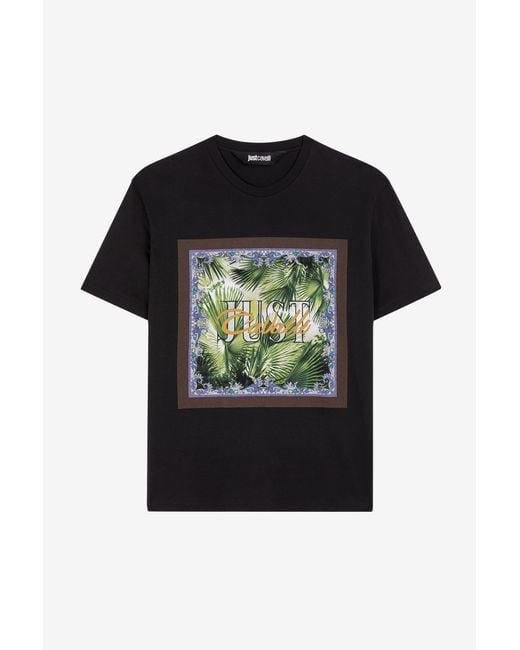Roberto Cavalli Black Just Cavalli Palm-Print Cotton T-Shirt for men