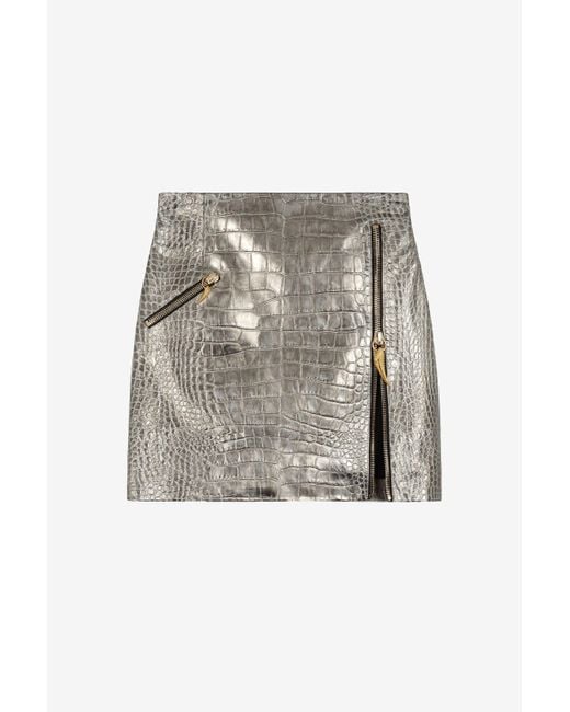 Roberto Cavalli Crocodile-Embossed Metallic Leather Mini Skirt