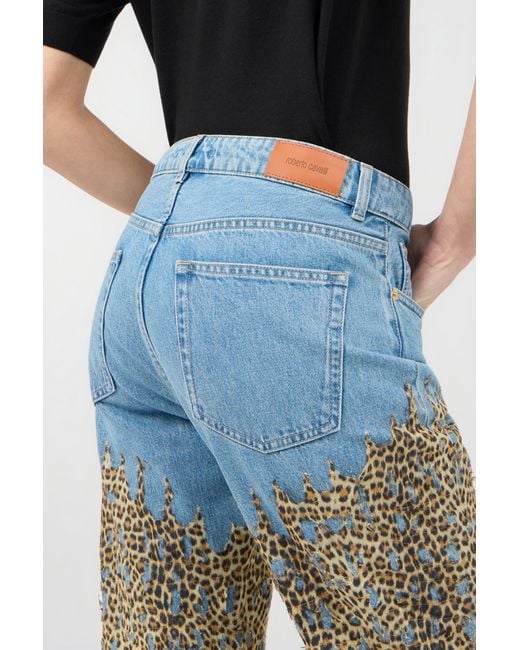 Roberto Cavalli Blue Wide Leg Denim Jeans With Baby Jaguar Print