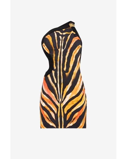 Roberto Cavalli Multicolor Zebra-Print One-Shoulder Mini Dress