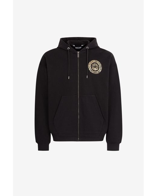 Roberto Cavalli Black Just Cavalli Logo-Print Zip Cotton Hoodie for men
