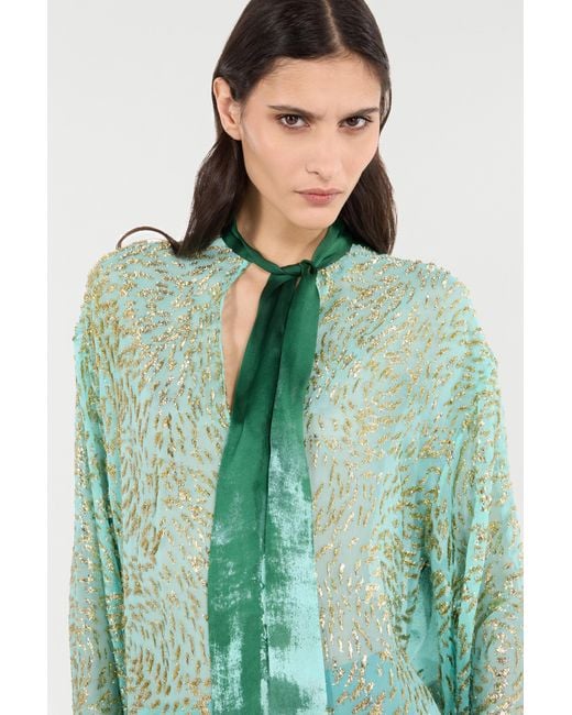 Roberto Cavalli Green Silk-Blend Blouse With Radiant Pattern