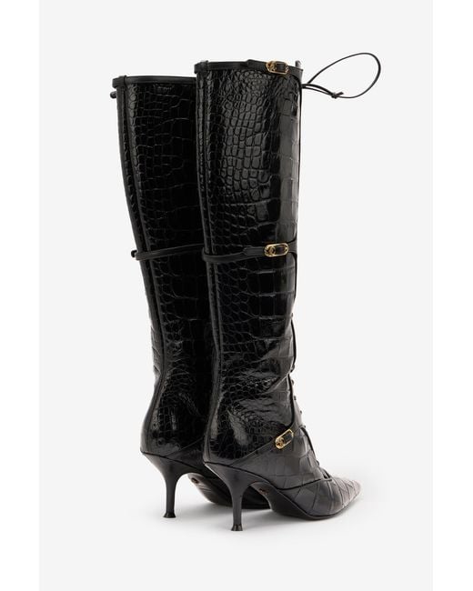 Roberto Cavalli Black Pointed Lace-Up Boots With Crocodile Effect