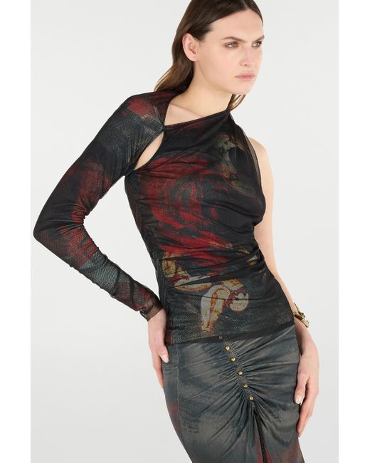 Roberto Cavalli Black One-Sleeve Sweater With Rose And Snake