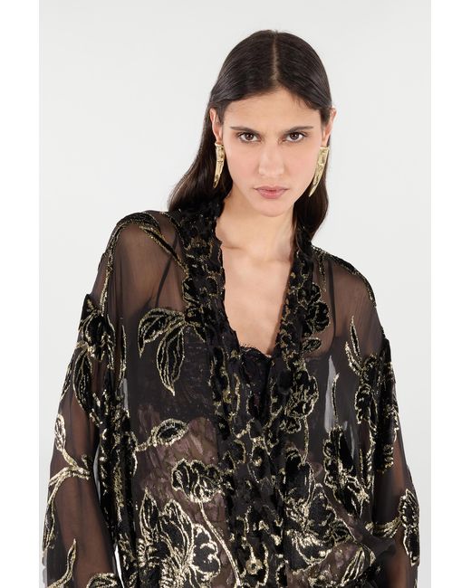 Roberto Cavalli Black See-Through Robe With Floral Pattern