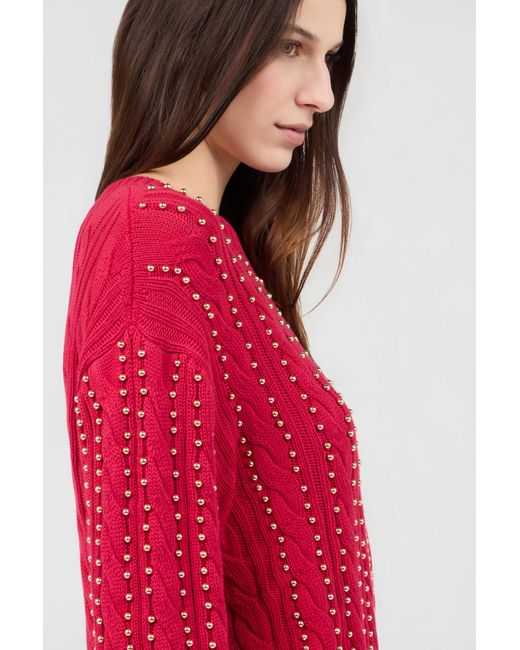Roberto Cavalli Red Studded Cable-Knit Sweater
