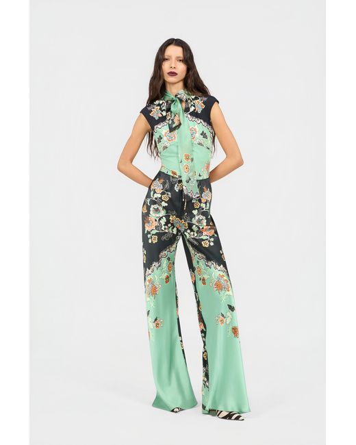 Roberto Cavalli Green Silk Pants With Kimono Print