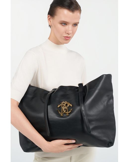 Roberto Cavalli Black Leather Bag With Logo