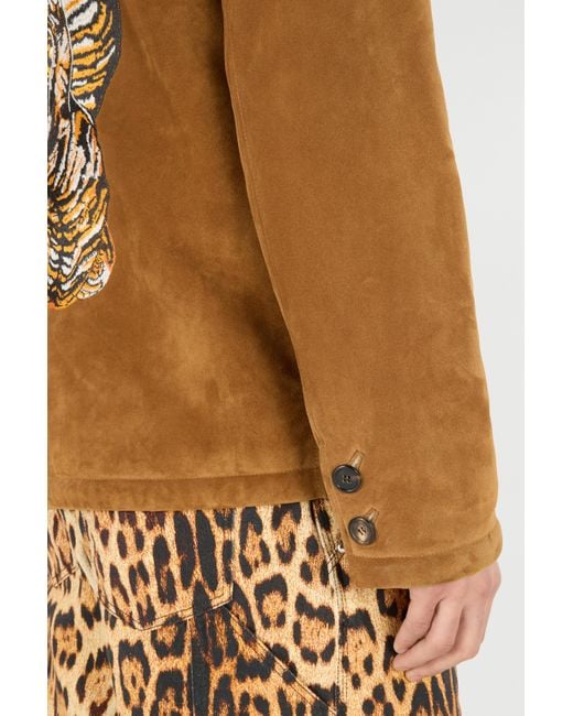 Roberto Cavalli Brown Suede Leather Jacket With Flowers And Tigers for men