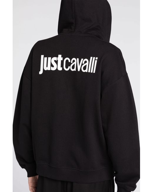 Roberto Cavalli Black Just Cavalli Logo-Print Zip Cotton Hoodie for men