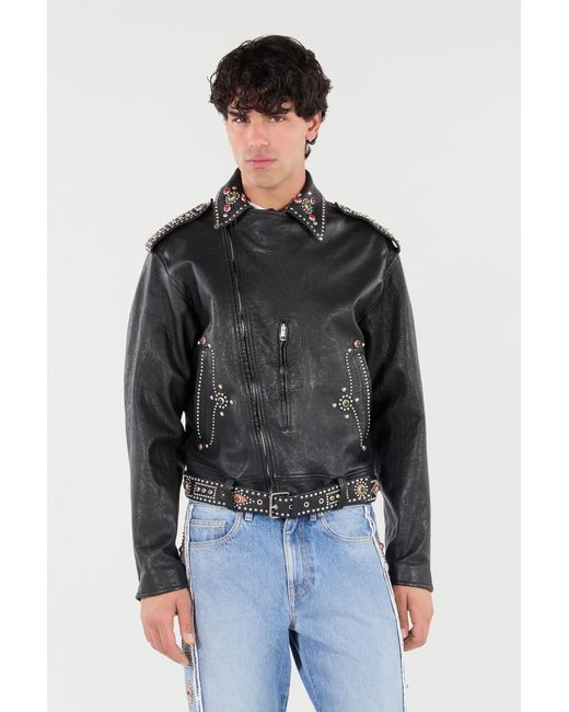 Roberto Cavalli Black Leather Biker Jacket With Studs And Stones for men