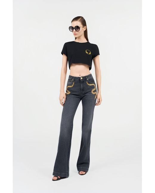 Roberto Cavalli Blue Flared Jeans With Snake Embroidery