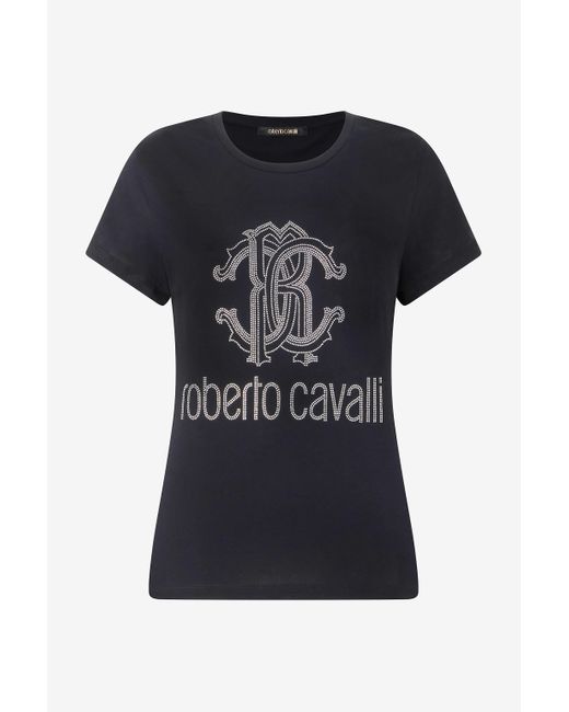Roberto Cavalli Black T-Shirt With Rc Monogram And Logo With Studs