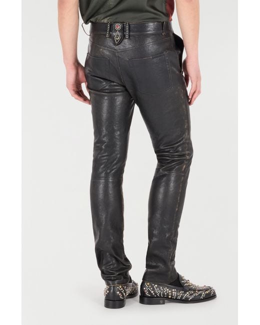 Roberto Cavalli Black Genuine Leather Pants for men
