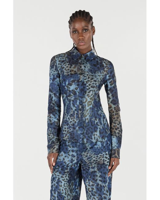 Roberto Cavalli Blue Cotton Shirt With Jaguar Skin Print