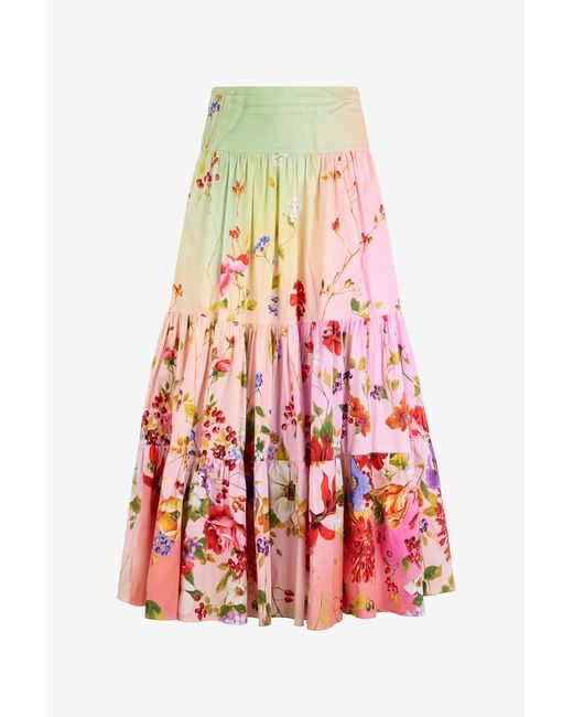 Roberto Cavalli Red Midi Skirt With Miami Flowers Print