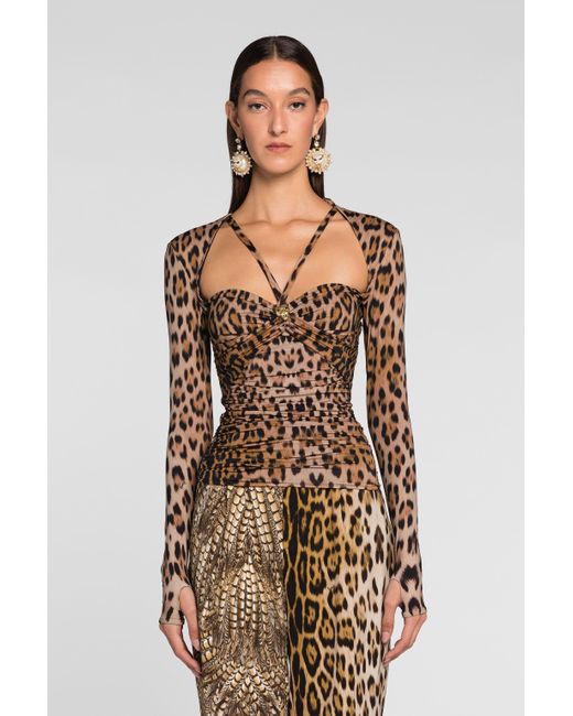 Roberto Cavalli Black Jaguar Print Long-Sleeve Top