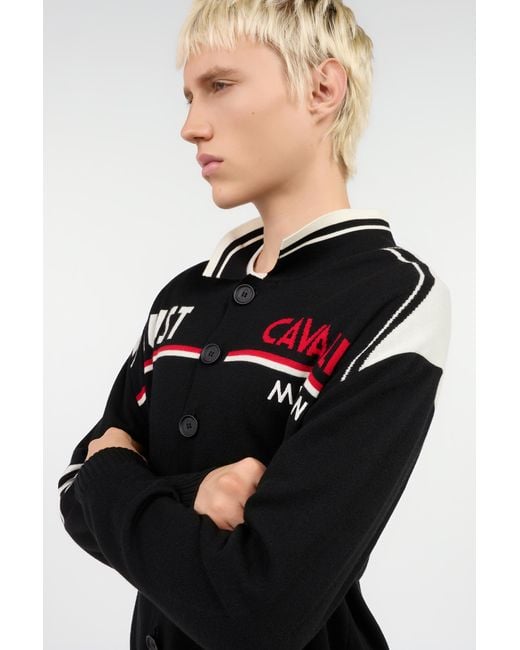 Roberto Cavalli Black Knit Cardigan With Polo Collar And Logo for men