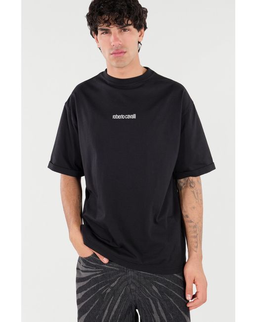 Roberto Cavalli Black Cotton T-Shirt With Tigers And Logo for men