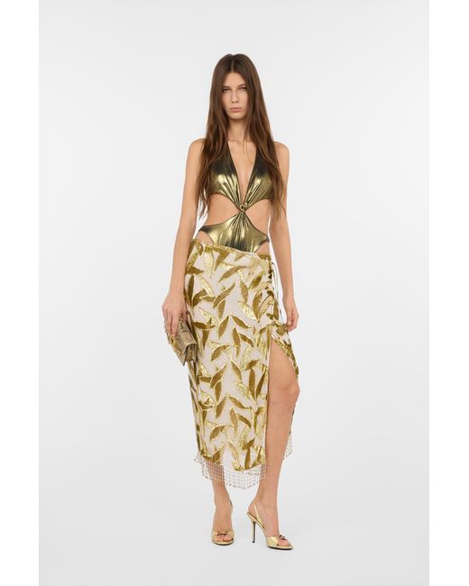 Roberto Cavalli Metallic Golden One-Piece Swimsuit With Snake Detail And Cut-Outs