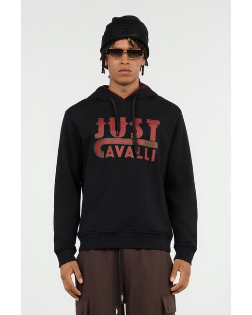 Felpa Nera Con Cappuccio E Stampa Logo di Roberto Cavalli in Black da Uomo