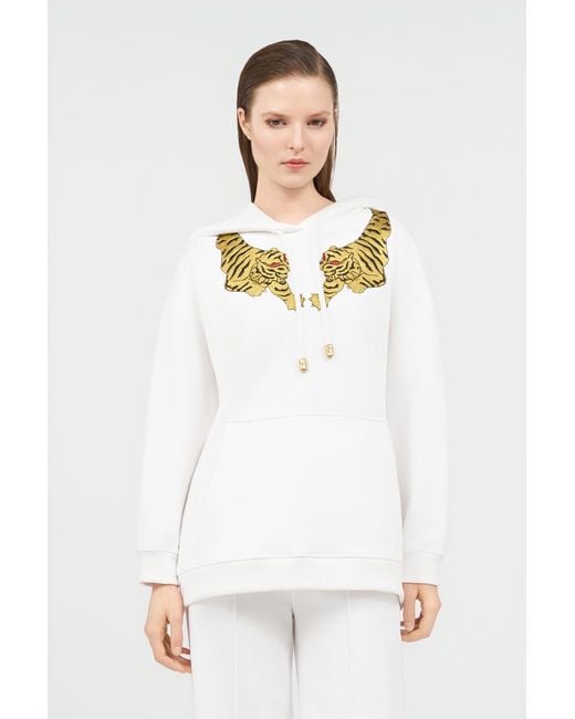 Roberto Cavalli White Sweatshirt Hoodie With Tiger Embroidery