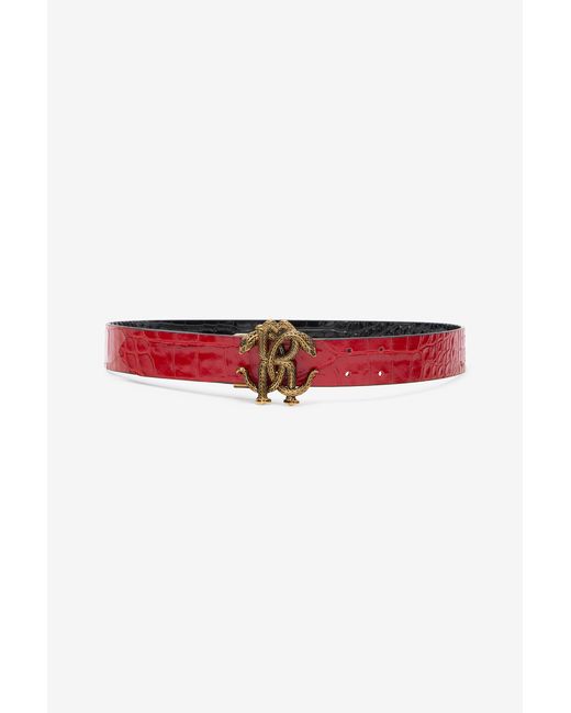 Roberto Cavalli Red Reversible Belt With Mirror Snake Monogram
