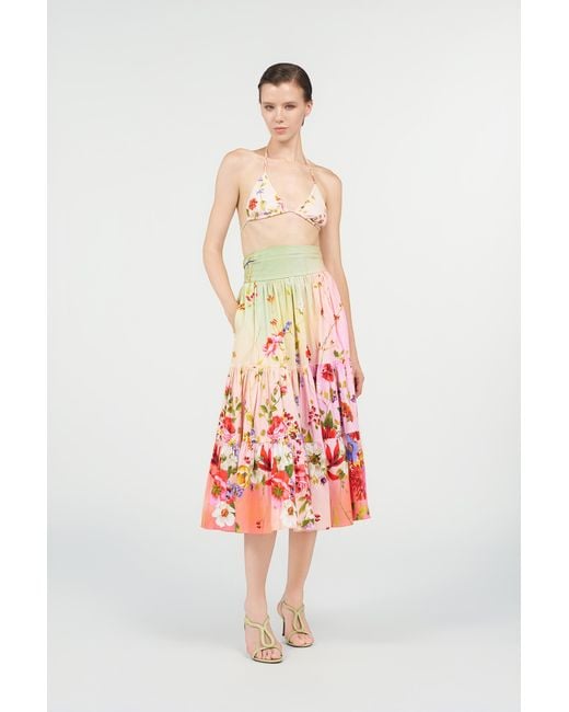 Roberto Cavalli Red Midi Skirt With Miami Flowers Print