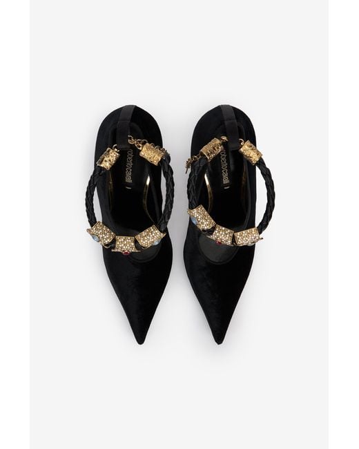 Roberto Cavalli Black Velvet Stiletto Heels With Jewel Anklet