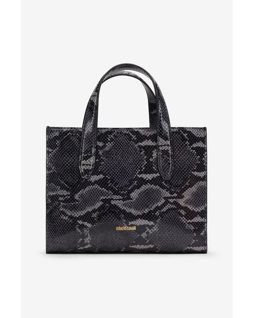 Roberto Cavalli Black Snake Print Shopping Bag
