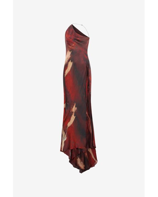 Roberto Cavalli Red Long Silk Dress With Marble Print