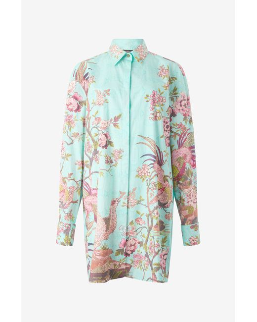 Abito Chemisier Con Stampa Oriental Bird di Roberto Cavalli in Blue