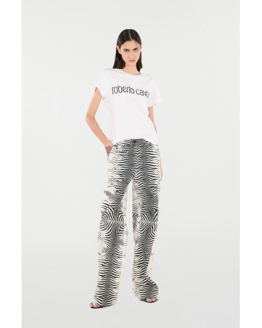 Roberto Cavalli Gray Stretch Cotton Pants With Tigress Print