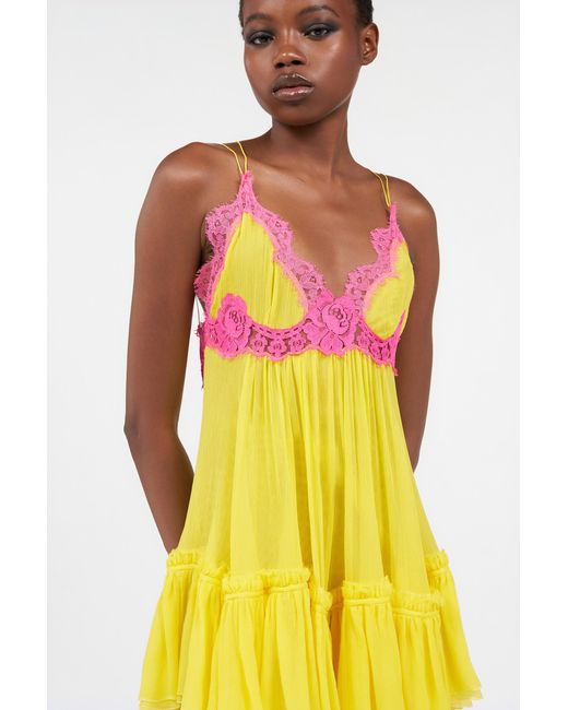 Roberto Cavalli Yellow Chiffon Dress With Lace Detail