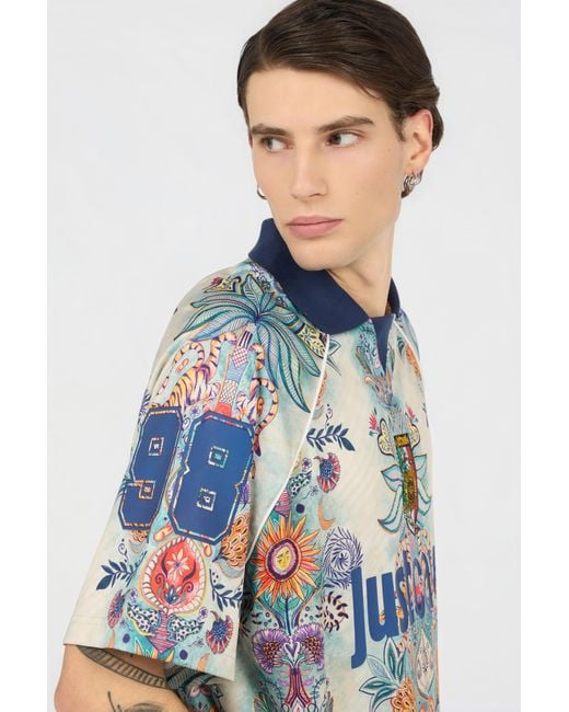 Roberto Cavalli Blue Tropical Garden Print T-Shirt for men
