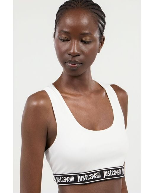 Roberto Cavalli White Cotton Bralette With Logo Band